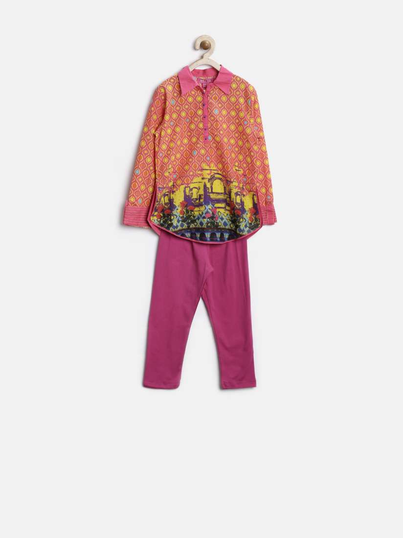 Buy Biba Girls Pink Yellow Printed Churidar Kurta Kurta Sets for Girls 971033 Myntra
