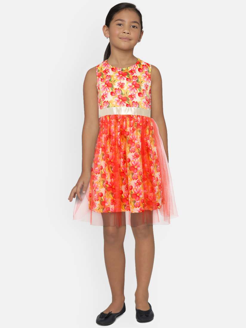 Buy 612 league Girls Orange Pink Printed Layered Net Fit Flare Dress Dresses for Girls 9722011 Myntra