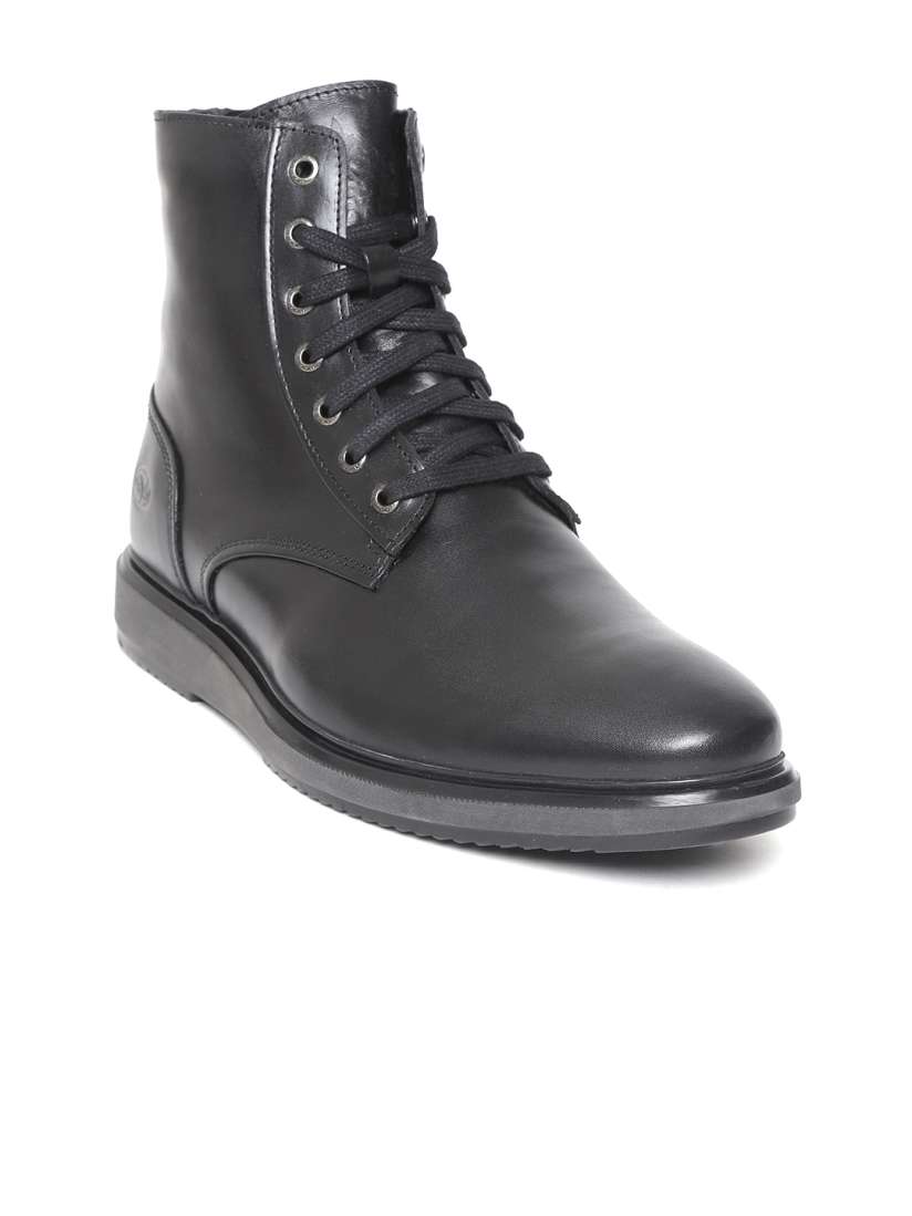 Buy Woodland Men Black Solid Leather Mid Top Flat Boots Boots for Men 9723757 Myntra
