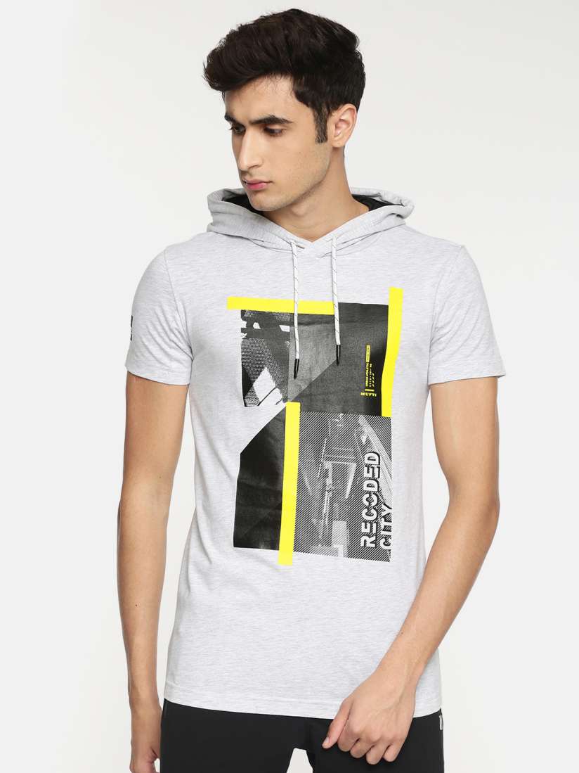Buy Mufti Men Grey Melange Printed Hooded T shirt Tshirts for Men 9741385 Myntra