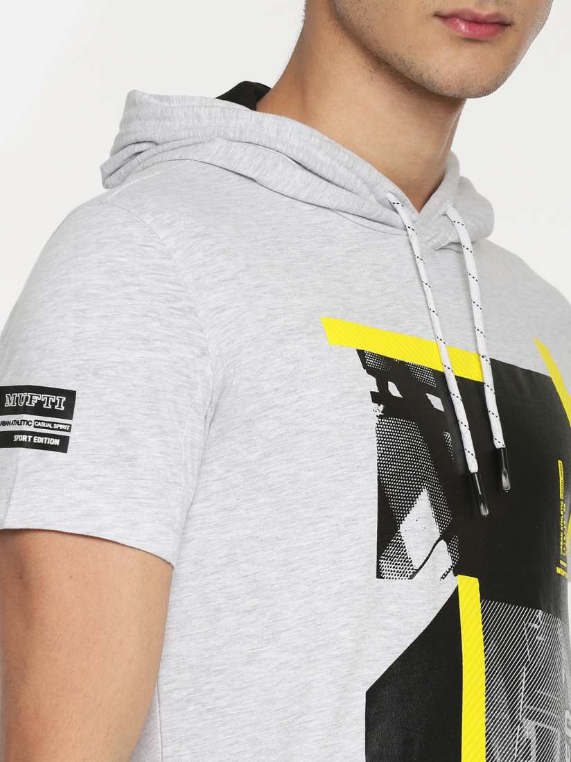 Buy Mufti Men Grey Melange Printed Hooded T shirt Tshirts for Men 9741385 Myntra