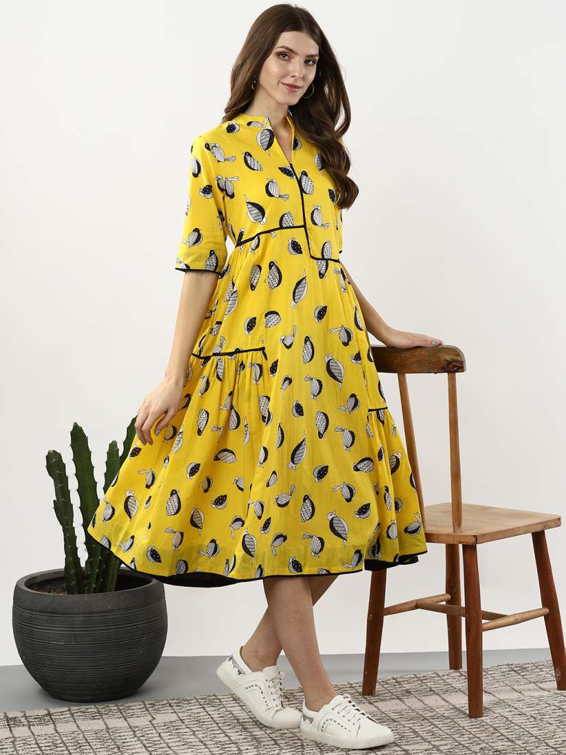Buy Sangria Women Yellow Black Bird Print A Line Dress Dresses for Women 9772935 Myntra