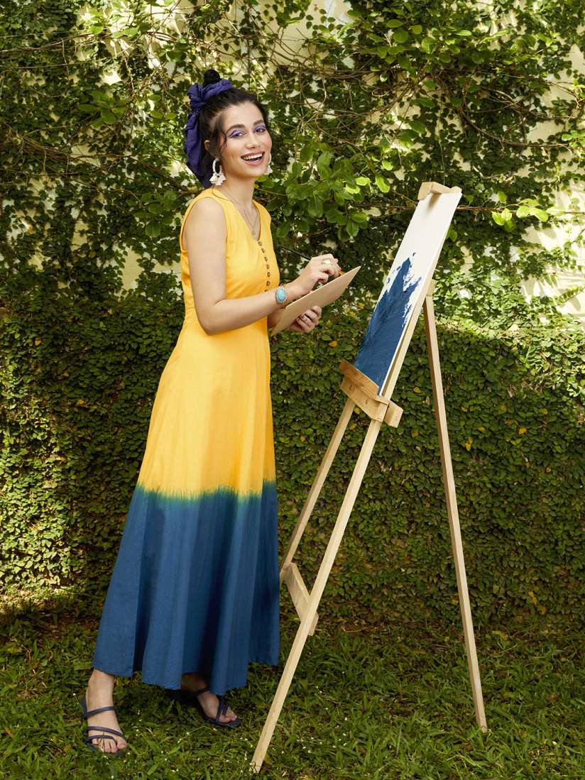 Buy SASSAFRAS Yellow Navy Blue Ombre Dyed Maxi Dress Dresses for Women 9783293 Myntra