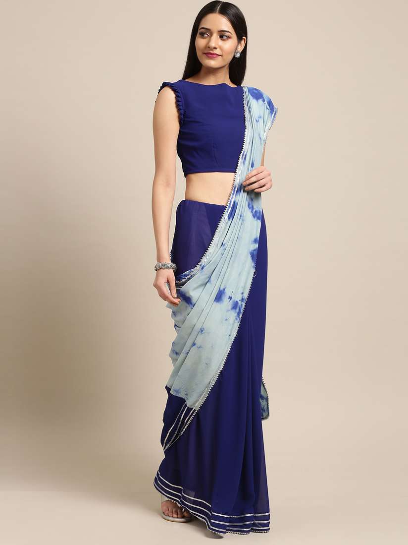 Buy Inddus Navy Blue Dyed Poly Georgette Saree Sarees for Women