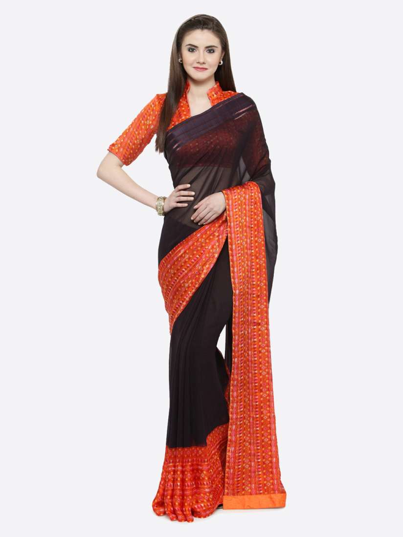 Buy Shaily Navy Blue Orange Pure Silk Printed Saree Sarees for Women 9819003 Myntra