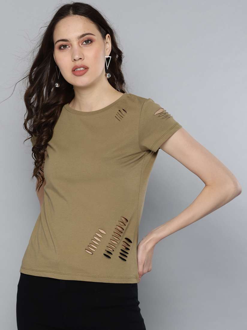 Buy STREET 9 Women Olive Green Solid Ripped Round Neck T shirt Tshirts for Women 9834885 Myntra