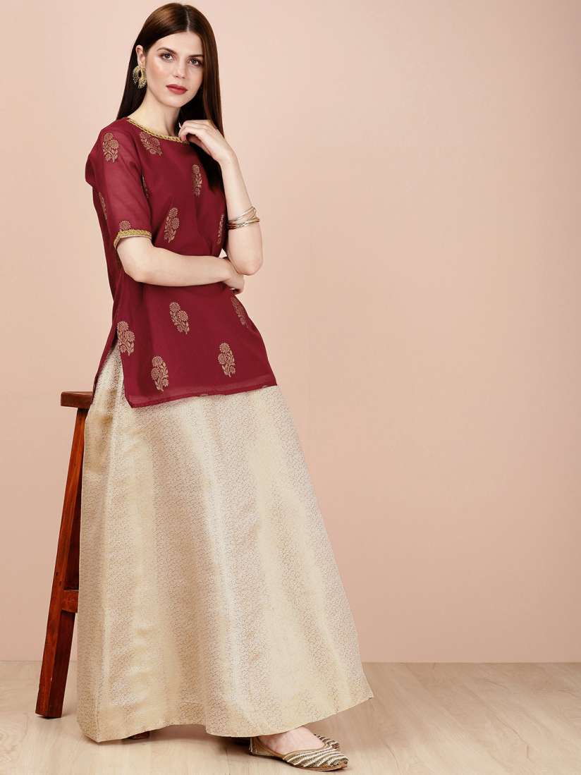 Buy all about you Burgundy Gold Toned Printed Kurti with Skirt Kurta Sets for Women 9837527 Myntra