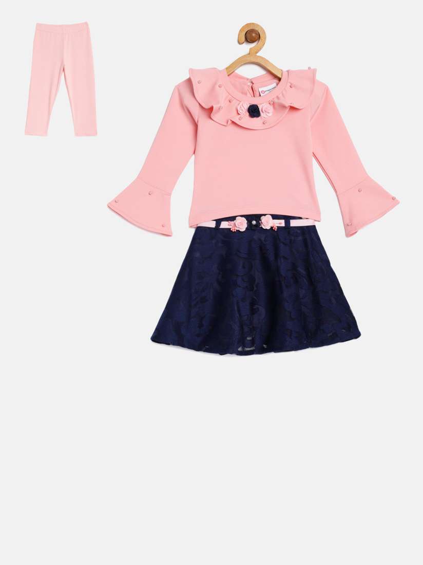 Buy Peppermint Girls Peach Coloured Embellished Top with Lace Skirt and Leggings Clothing Set for Girls 9846543 Myntra