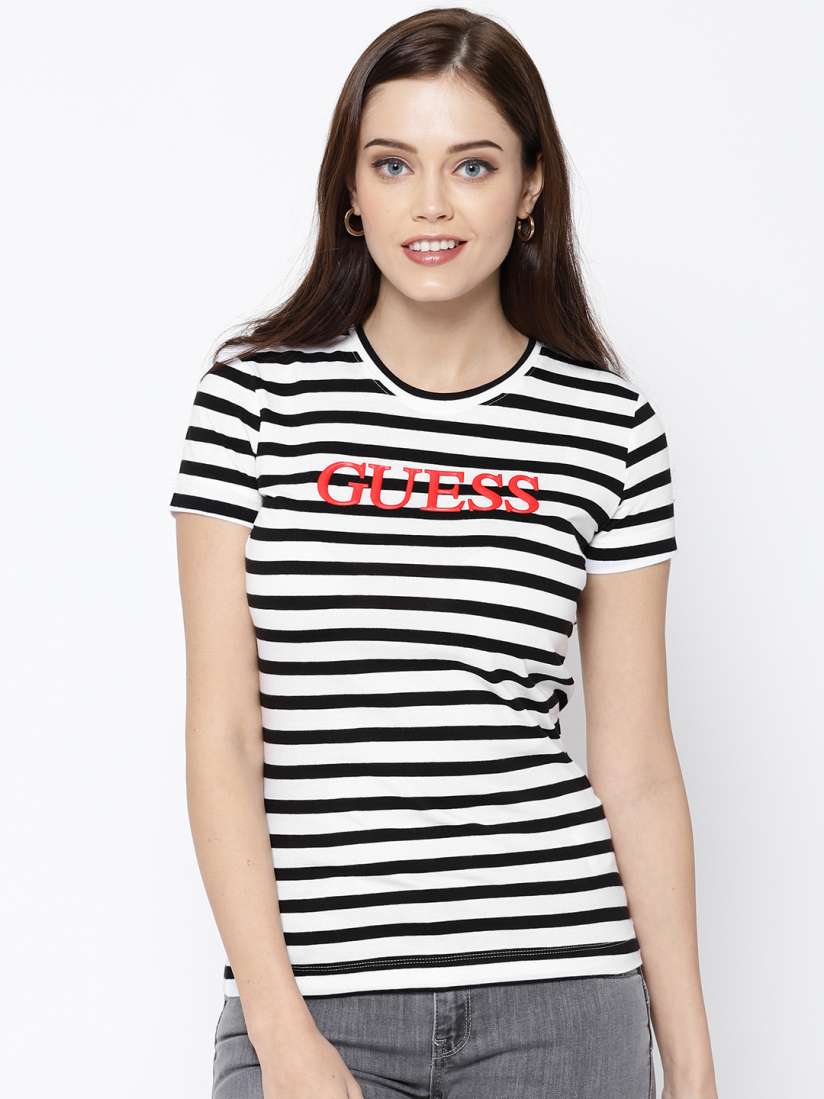 Buy GUESS Women Black White Striped Round Neck T shirt Tshirts for Women 9861939 Myntra