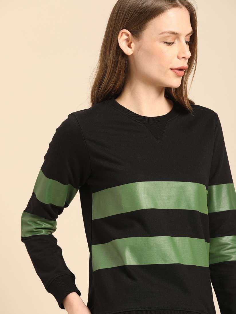 Buy ether Women Black Olive Green Printed Sweatshirt Sweatshirts for Women 9874279 Myntra