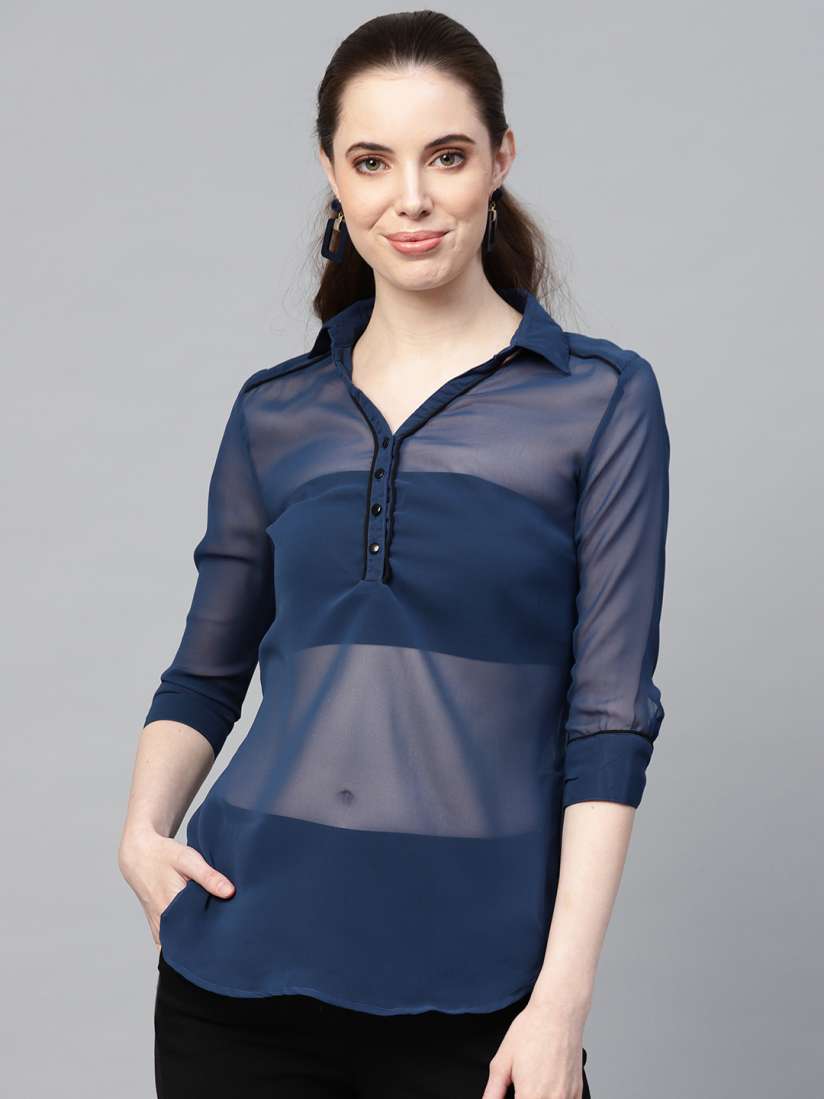 Buy I AM FOR YOU Women Navy Blue Solid Sheer Top Tops for Women 9893609 Myntra