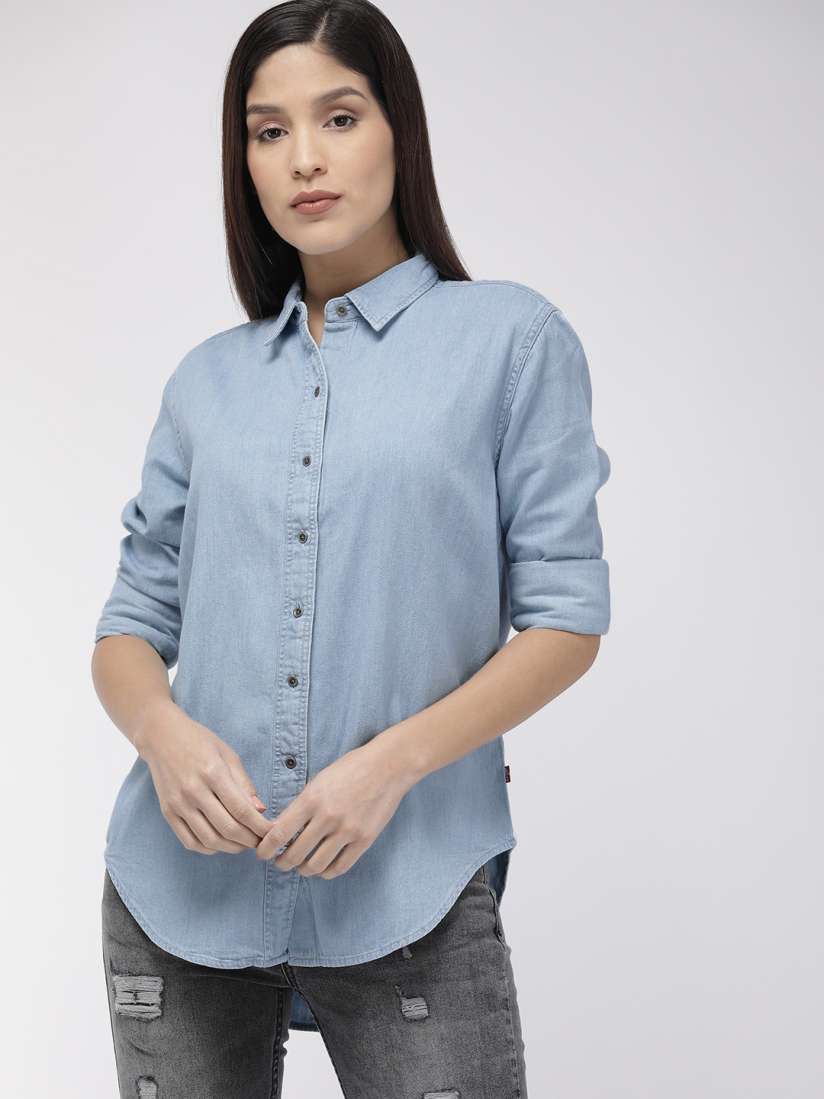 Buy Levis Women Blue Boyfriend Fit Solid Casual Shirt Shirts for Women 9905699 Myntra