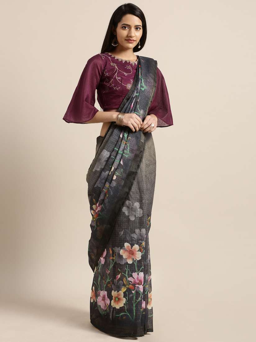 Buy Shaily Grey Printed Pure Linen Saree Sarees for Women 9913829 Myntra