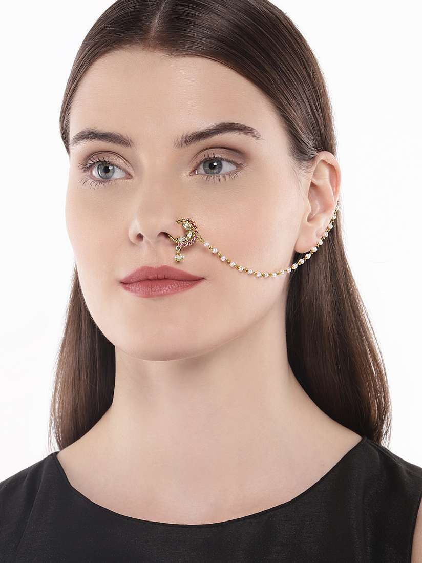 Buy AccessHer Gold Plated and Red Vilandi Kundan Stone and Pearl Studded Chained Nose Ring Nosepin for Women 9947137 Myntra