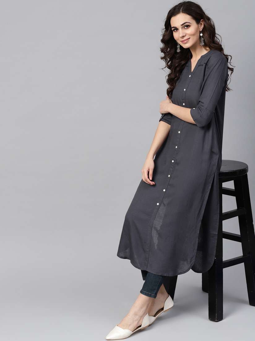 Aks black solid straight kurta shop