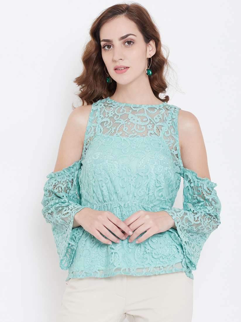Buy LA LOFT Women Sea Green Lace Cold Shoulder Top Tops for Women 9953917 Myntra