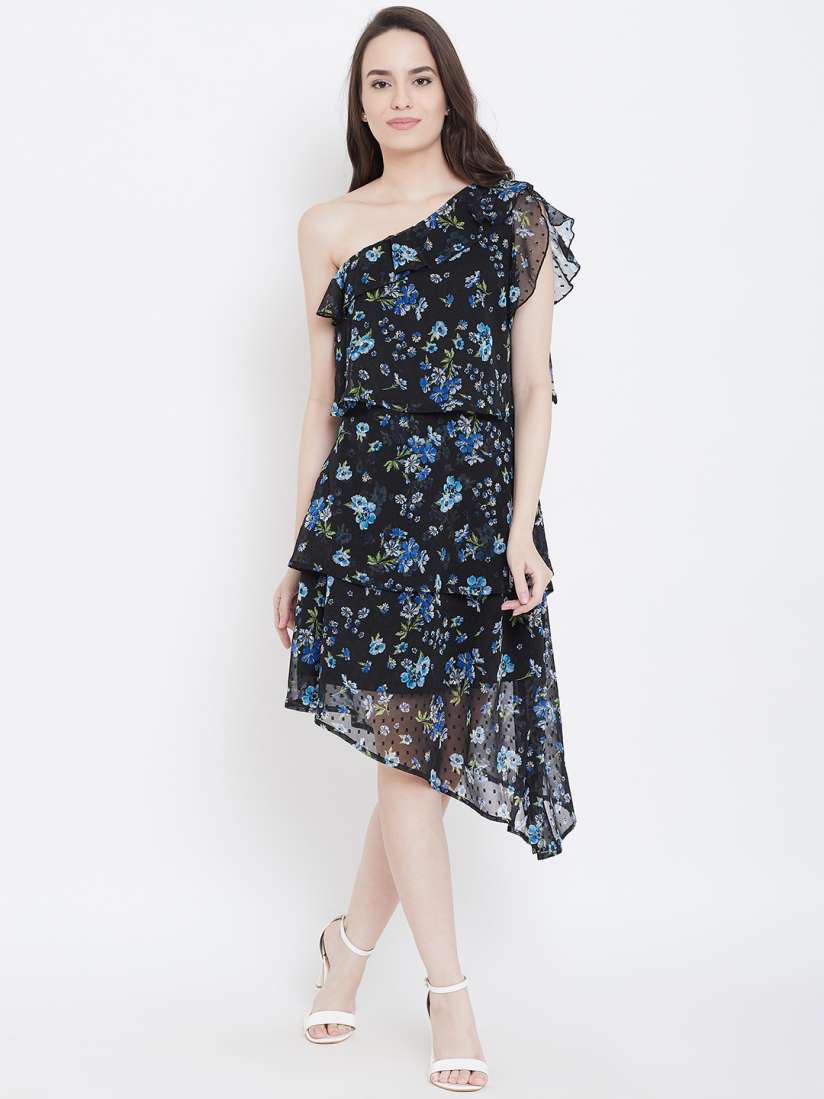 Buy LA LOFT Women Black Blue Printed Semi Sheer One Shoulder A Line Dress Dresses for Women 9954061 Myntra