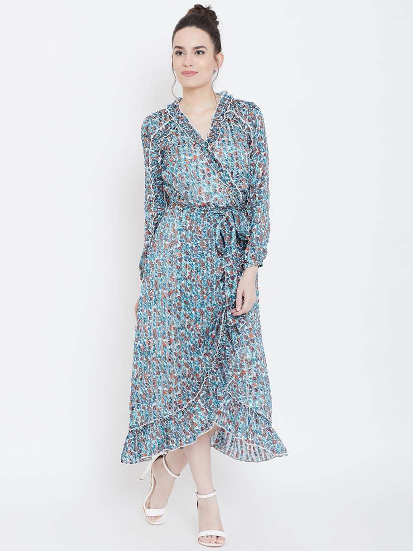 Buy LA LOFT Women Blue White Printed Semi Sheer Wrap Dress Dresses for Women 9954147 Myntra