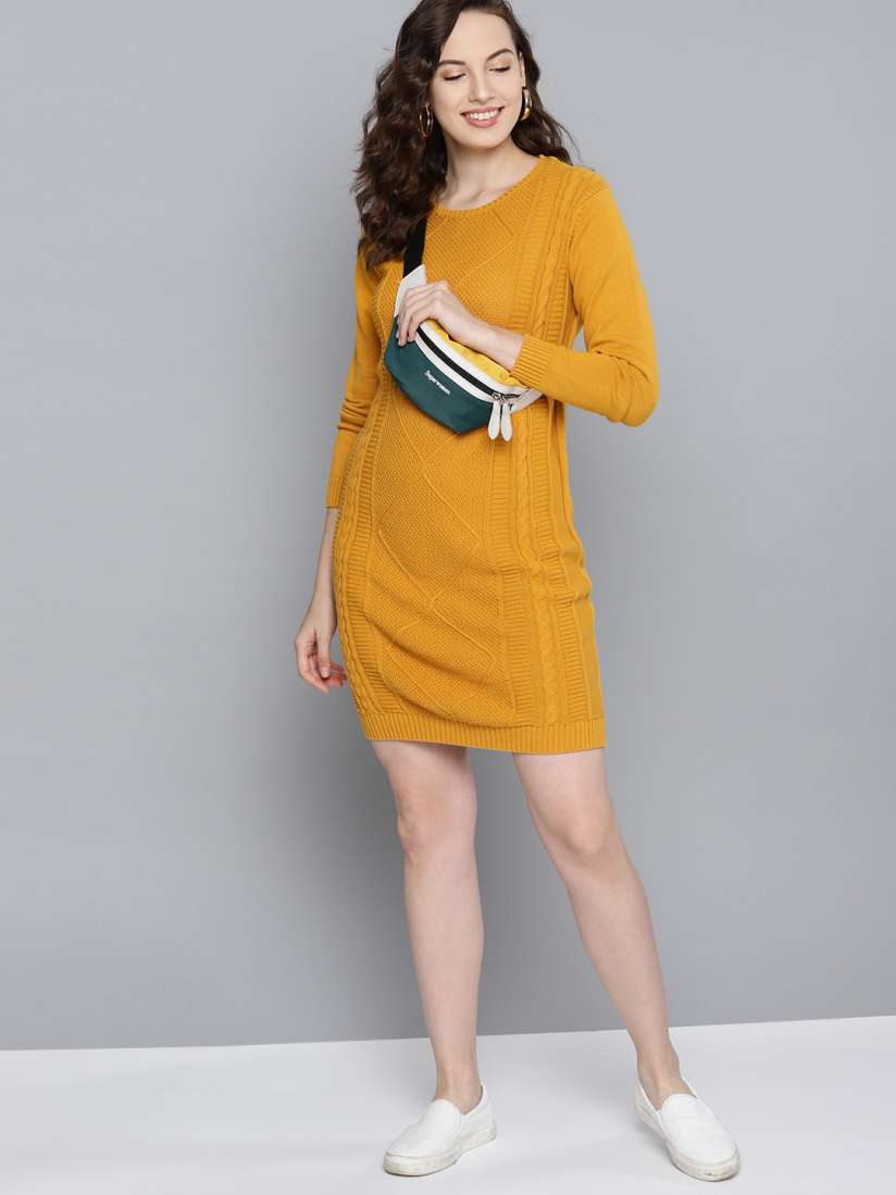 Buy Mast Harbour Women Mustard Yellow Self Design Jumper Dress Dresses for Women 9972357 Myntra