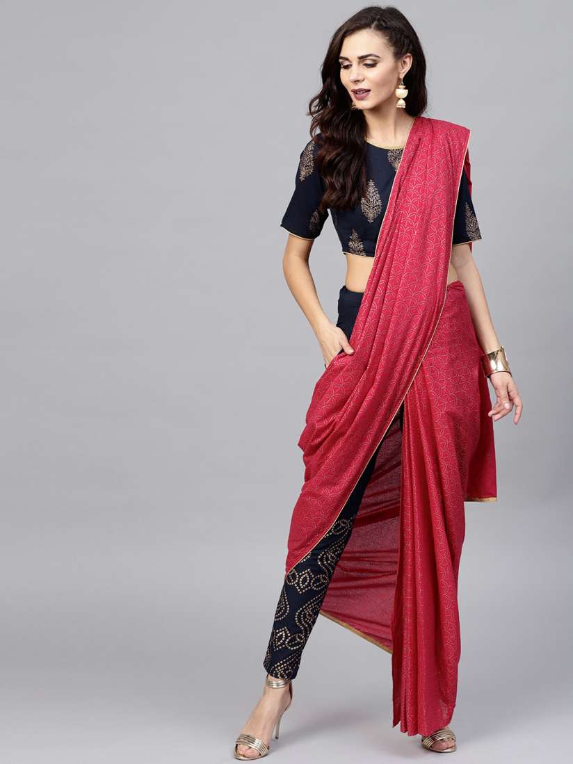 Buy AKS Women Magenta Gold Printed Pant Saree With Blouse Co Ords for Women 7835763 Myntra