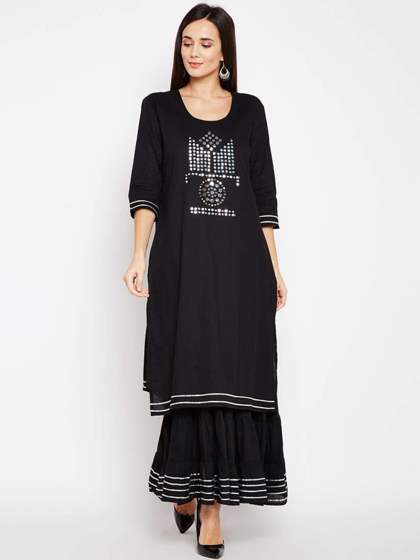Buy Be Indi Women Black Embellished Straight Pure Cotton Kurti Kurtis for Women 8331631 Myntra