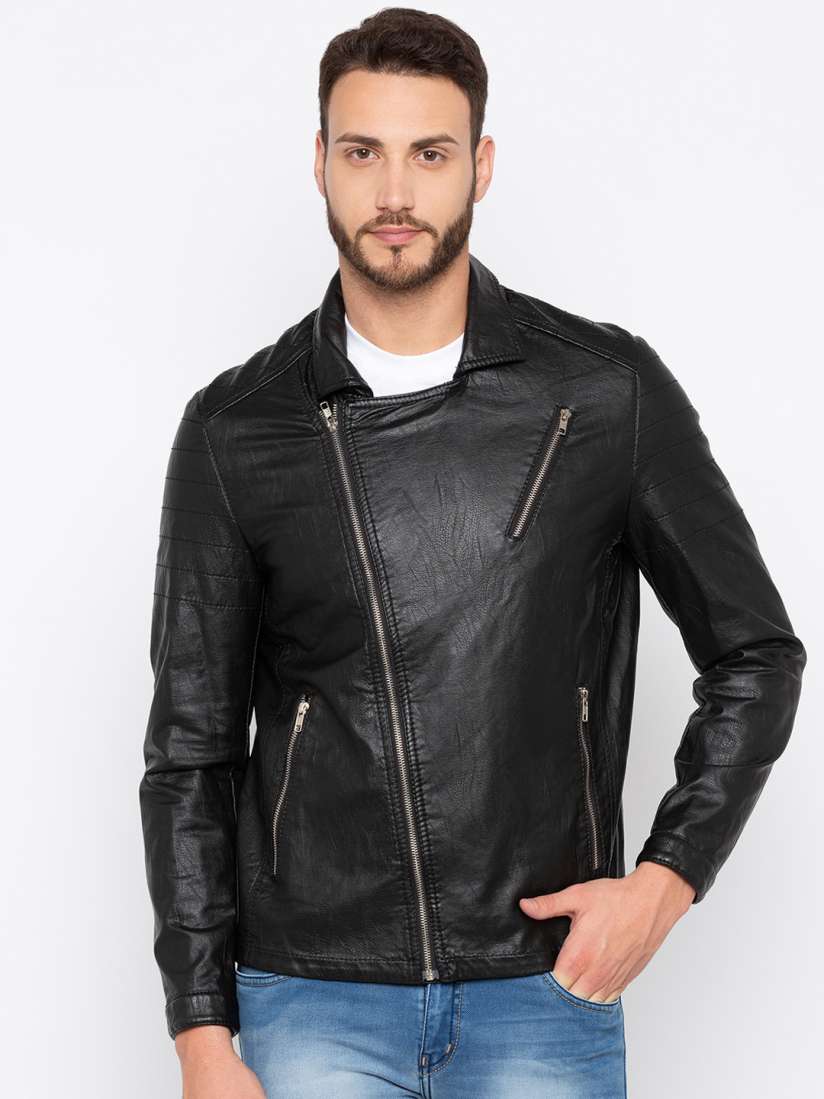 Buy Globus Men Black Solid Biker Jacket Jackets for Men 8356571 Myntra