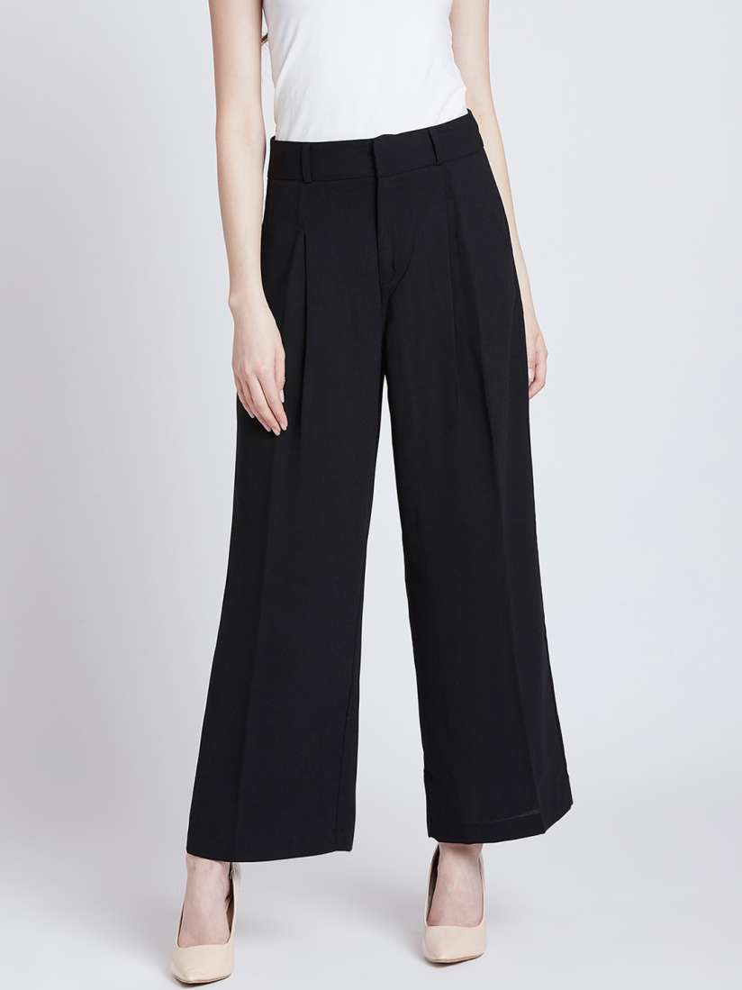 Buy MAGRE Flex Fit Solid Black Wide Leg Pleated Pants Trousers for Women 8086083 Myntra
