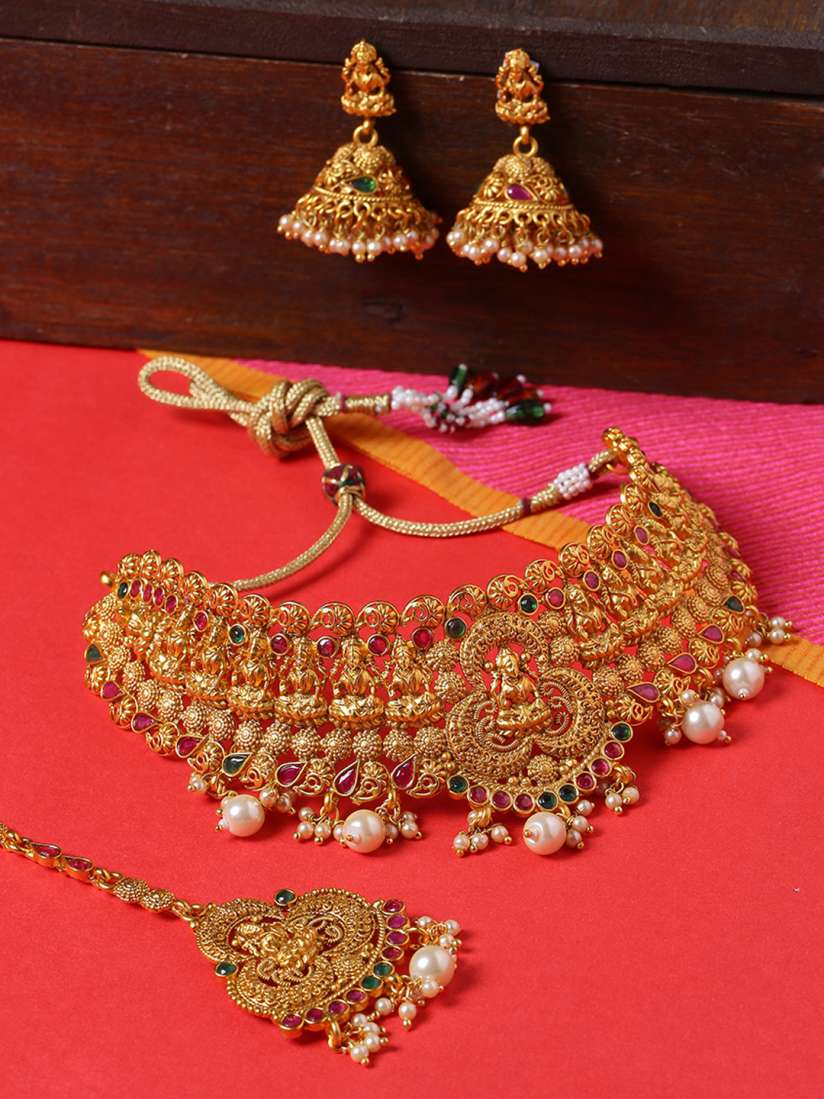 Buy Voylla Women Gold Toned Pink Copper Plated Stone Studded Southern Temple Jewellery Set Jewellery Set for Women 8494463 Myntra