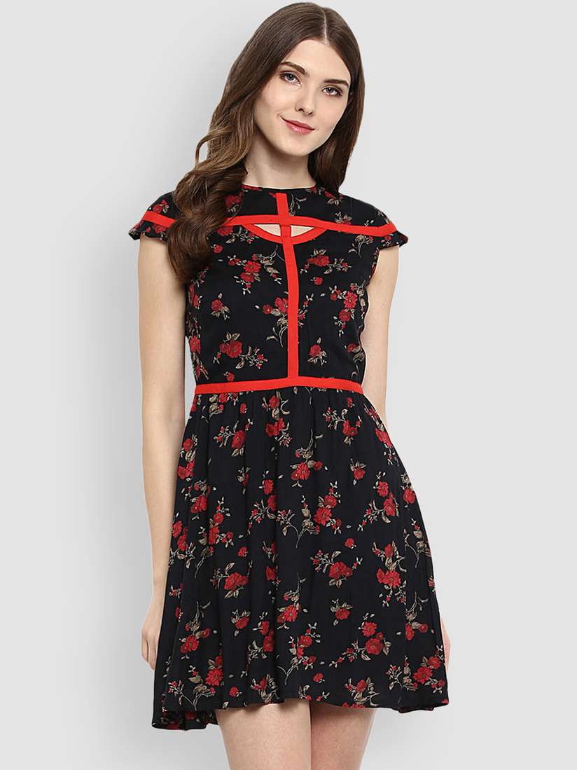 Buy LA LOFT Women Black Floral Print Fit and Flare Dress Dresses