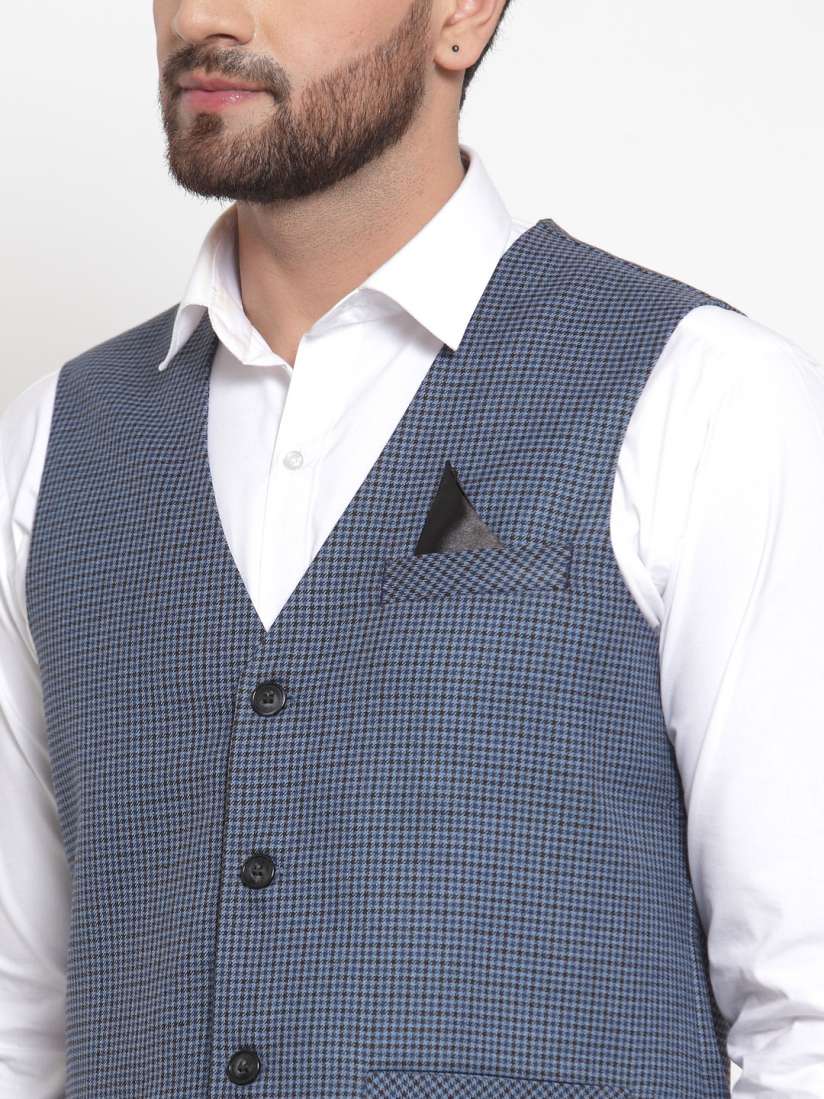 Buy Neudis Men Blue Black Checked Poly Wool Waistcoat Waistcoat for Men 10904394 Myntra