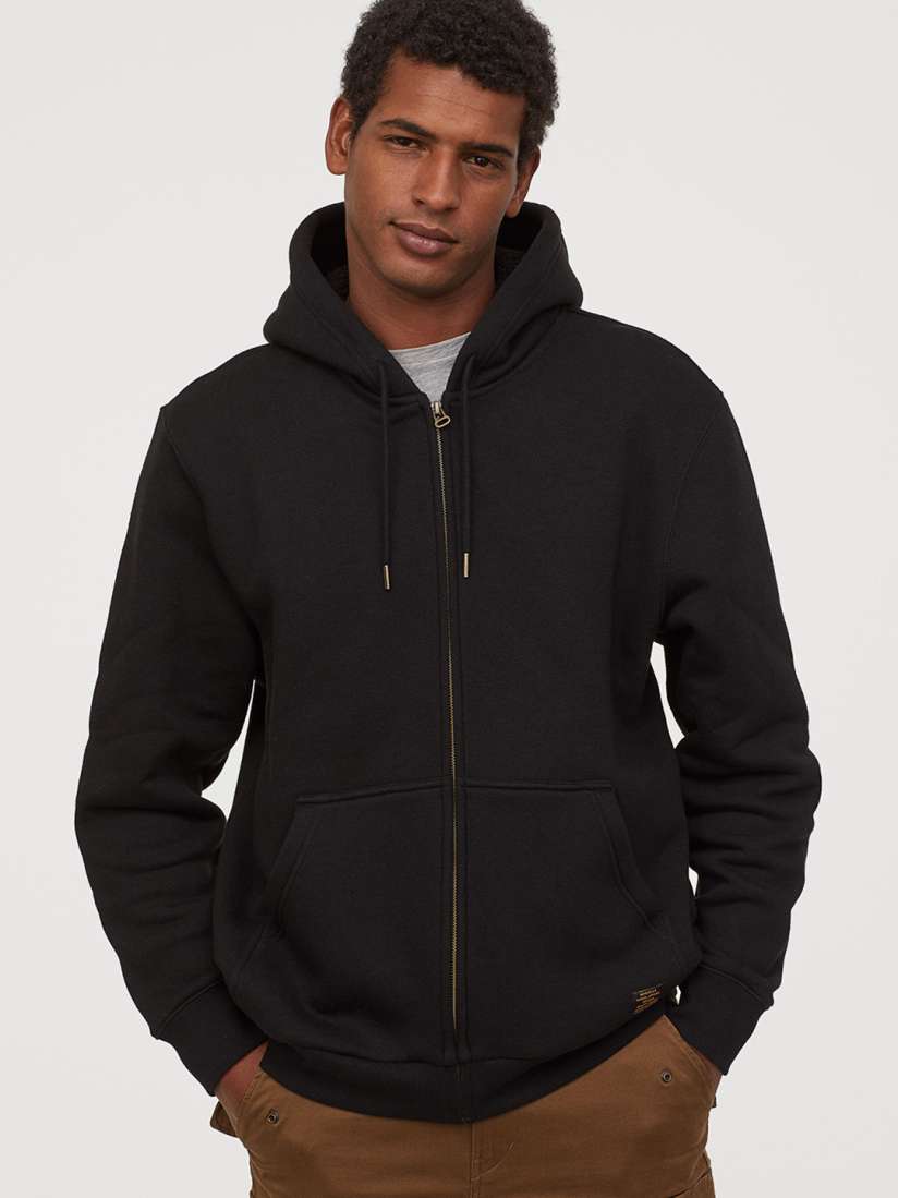 Buy H M Men Black Solid Jacket With A Pile Lined Hood Sweatshirts for Men 10903976 Myntra