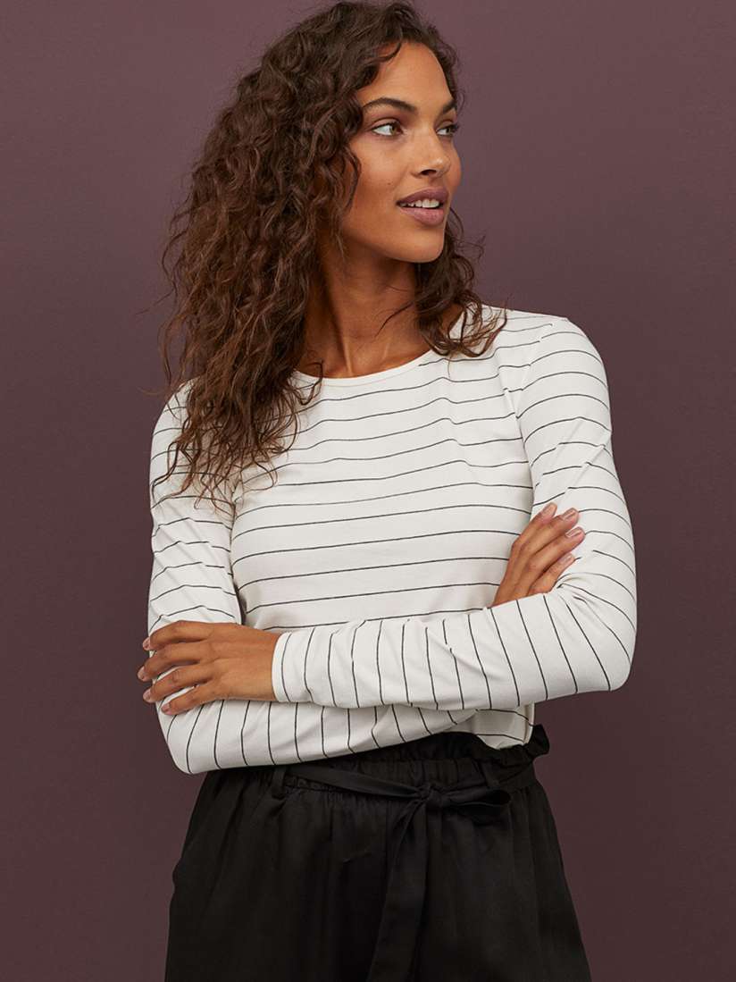 Buy H M Women White Blue Striped Long Sleeved Jersey Top Tops for Women 10958932 Myntra