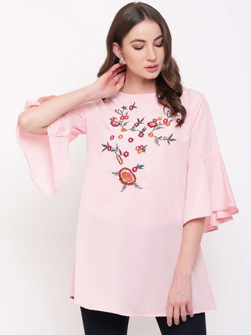 Buy Mayra Women s Pink Color 3 4th Sleeves Embroidered Party Wear Top Tunics for Women 11091596 Myntra