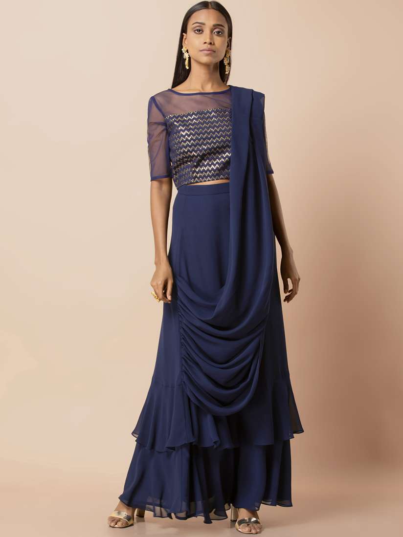 Buy INDYA Women Navy Blue Solid Ready to Wear Flared Saree Sarees for Women 10949970 Myntra