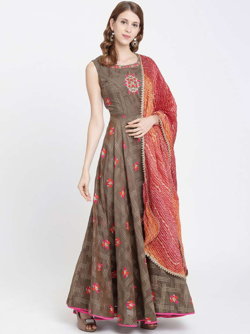 Buy Koskii Women Olive Green Embroidered Banarasi Maxi Dress Dresses for Women 11162818 Myntra