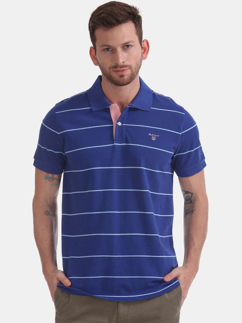Buy GANT Men Blue Striped Polo Collar Pure Cotton T shirt Tshirts for Men 11198758 Myntra