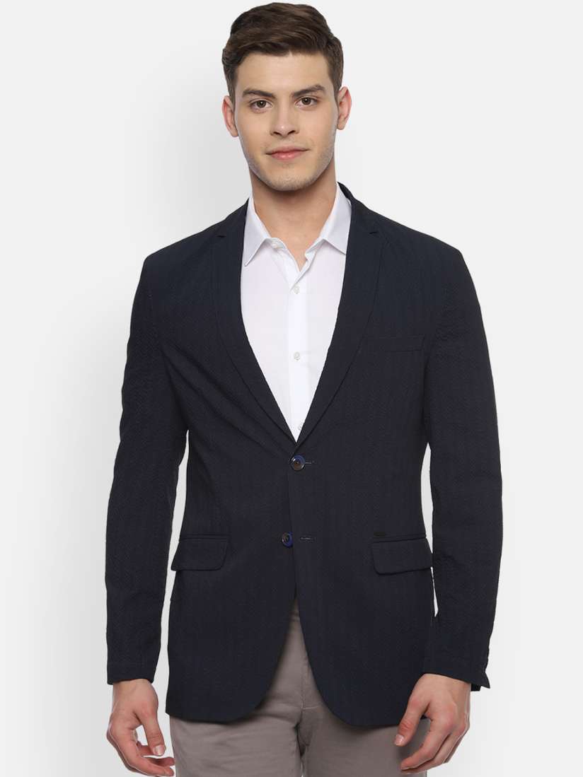 Buy Van Heusen Sport Men Navy Blue Self Designed Single Breasted Slim Fit Blazer Blazers for Men 11226968 Myntra