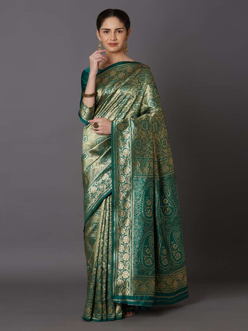 Buy Mitera Green Gold Toned Silk Blend Woven Design Kanjeevaram Saree Sarees for Women 11261136 Myntra