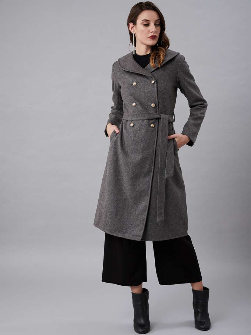 Buy Athena Women Grey Solid Longline Double Breasted Wool Pea Coat Coats for Women 11139048 Myntra