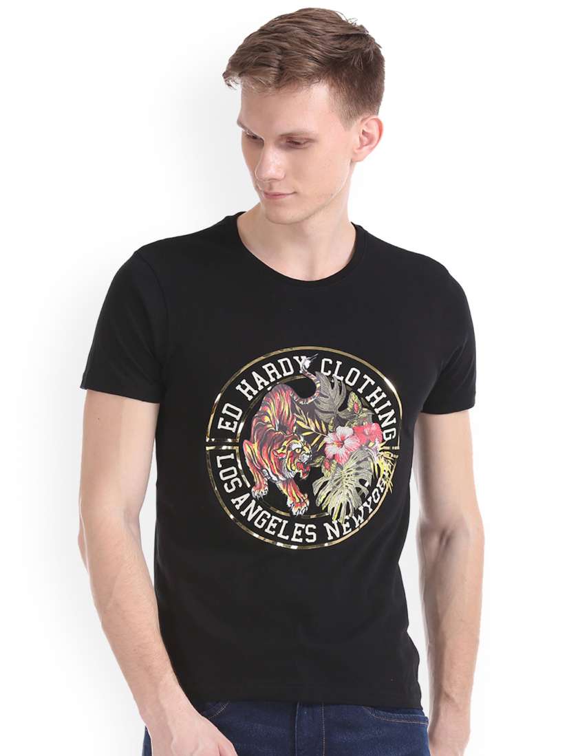 Buy Ed Hardy Men Black Printed Slim Fit Round Neck Pure Cotton T shirt Tshirts for Men 8803731 Myntra