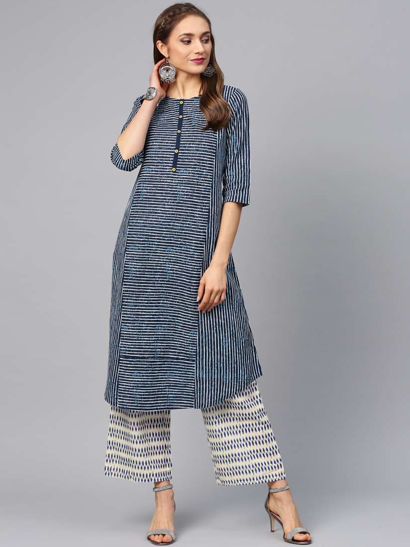 Buy Juniper Women Navy Blue White Striped A Line Kurta Kurtas for Women 8820827 Myntra