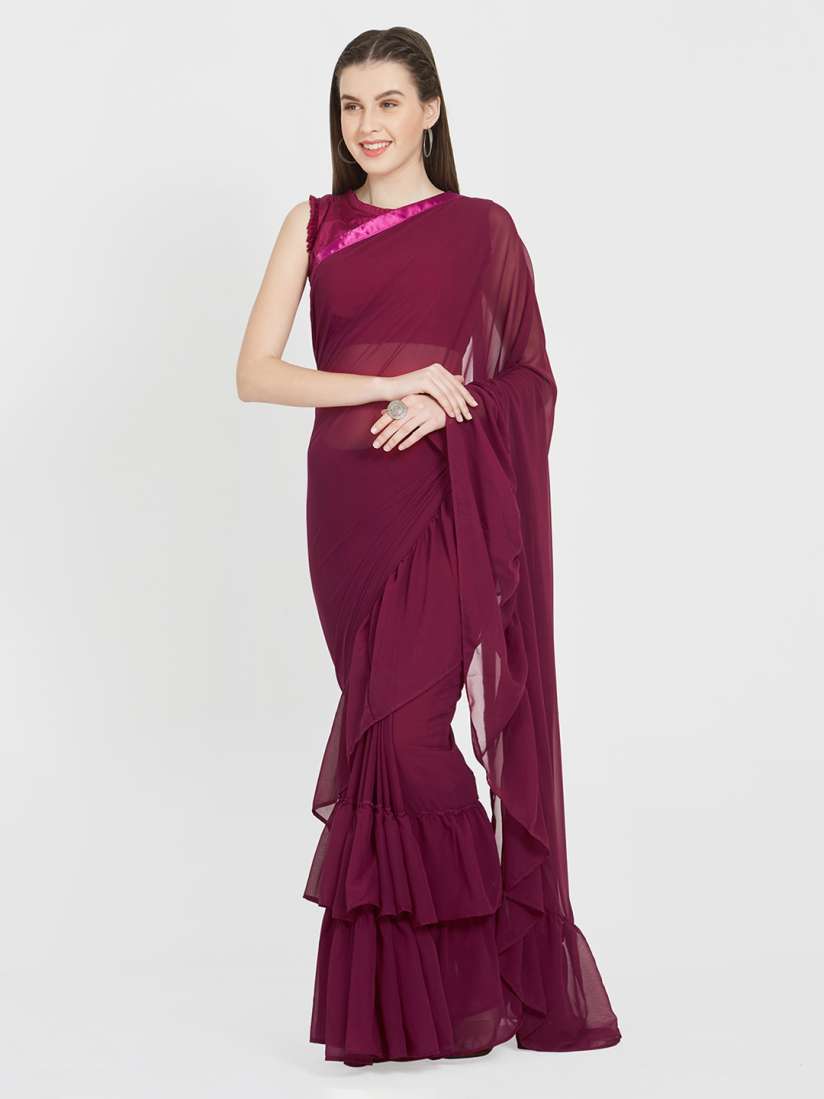 Buy Aasvaa Magenta Solid Poly Georgette Ruffle Saree Sarees for Women 8733745 Myntra