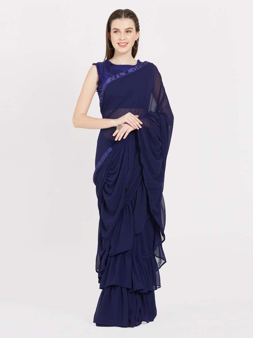 Buy Aasvaa Blue Solid Poly Georgette Ruffle Saree Sarees for Women 8733735 Myntra