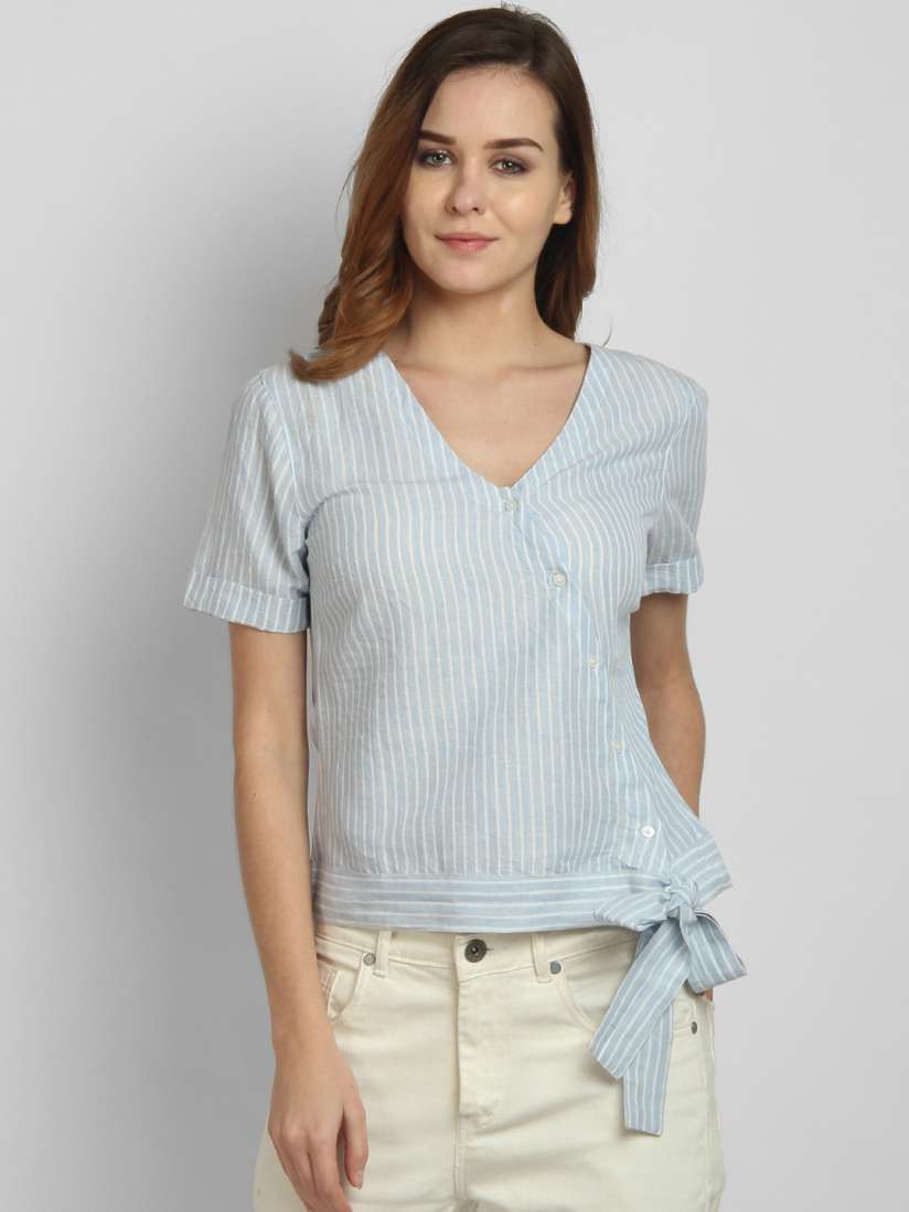 Buy LA LOFT Women Blue Striped Wrap Pure Cotton Top Tops for Women 8723059 Myntra