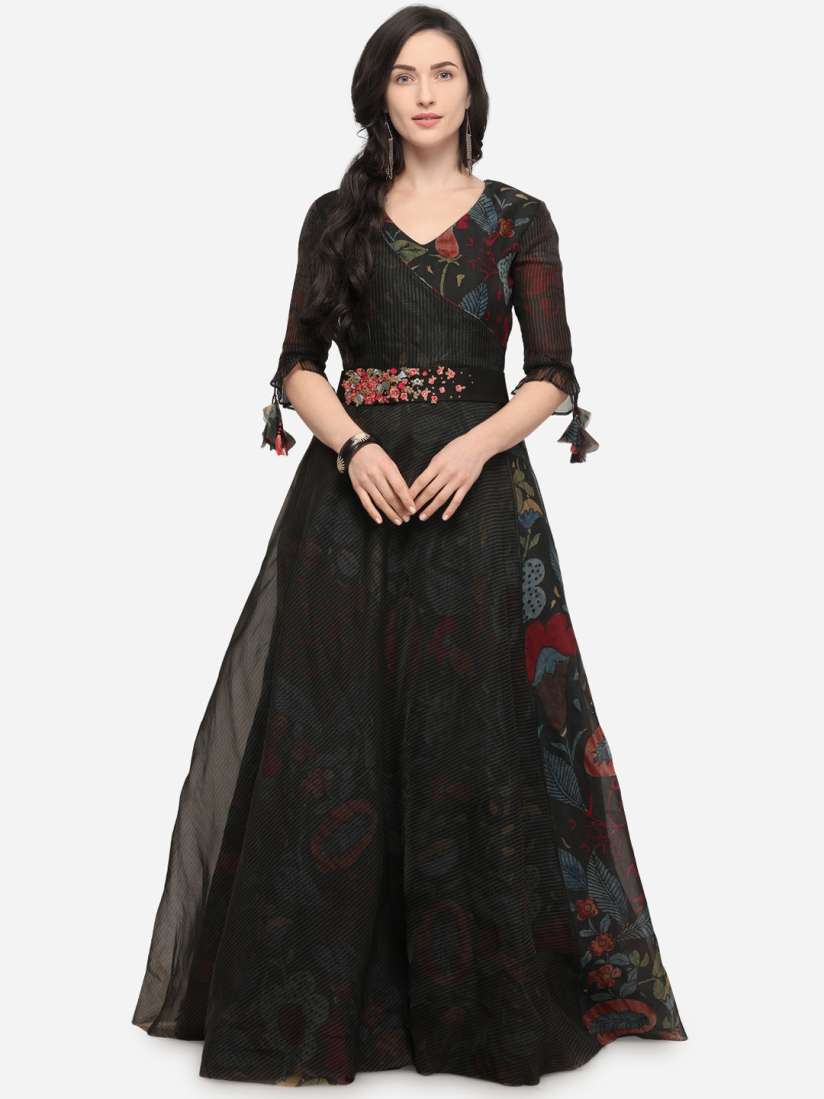 Buy Stylee LIFESTYLE Black Organza Semi Stitched Printed Gown Dress Material for Women 9020515 Myntra