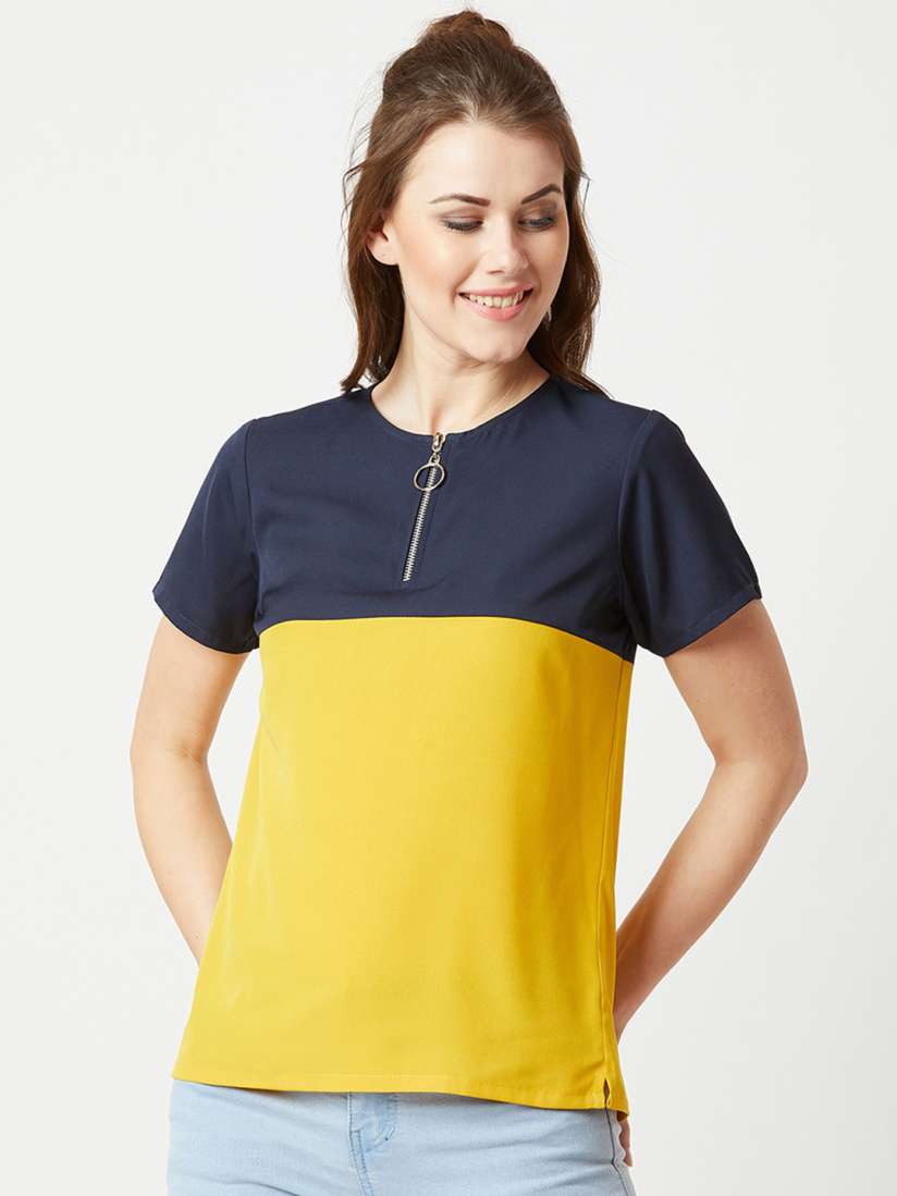 Buy Miss Chase Women Navy Blue Yellow Colourblocked Top Tops for Women 9052903 Myntra
