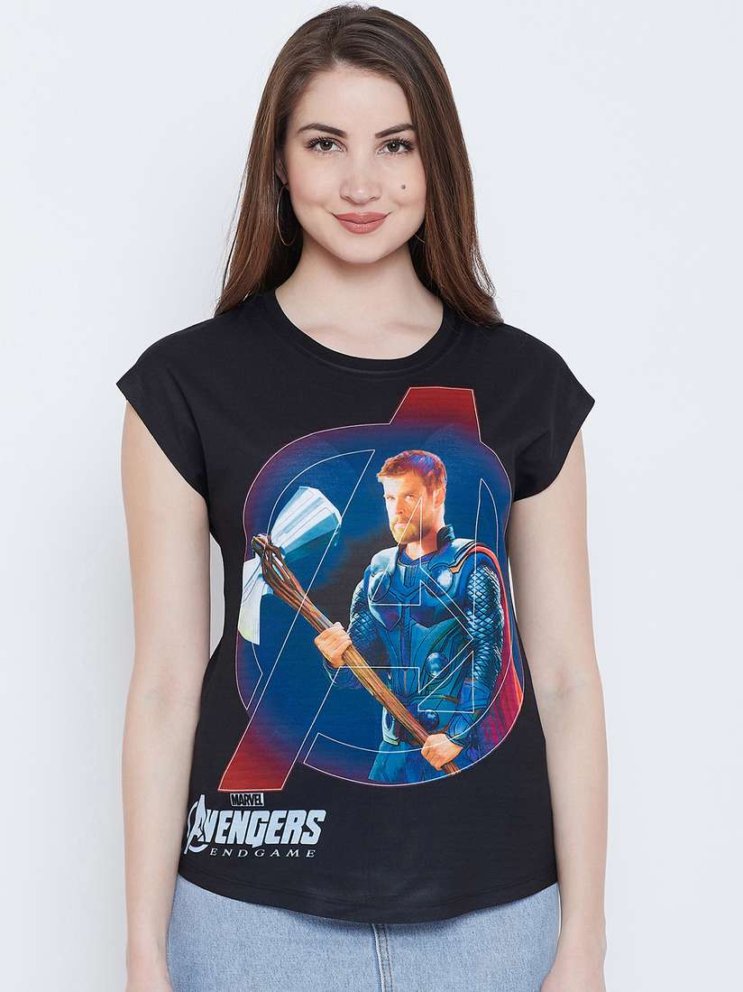 Buy Marvel by Wear Your Mind Women Black Printed T-Shirt Tshirts