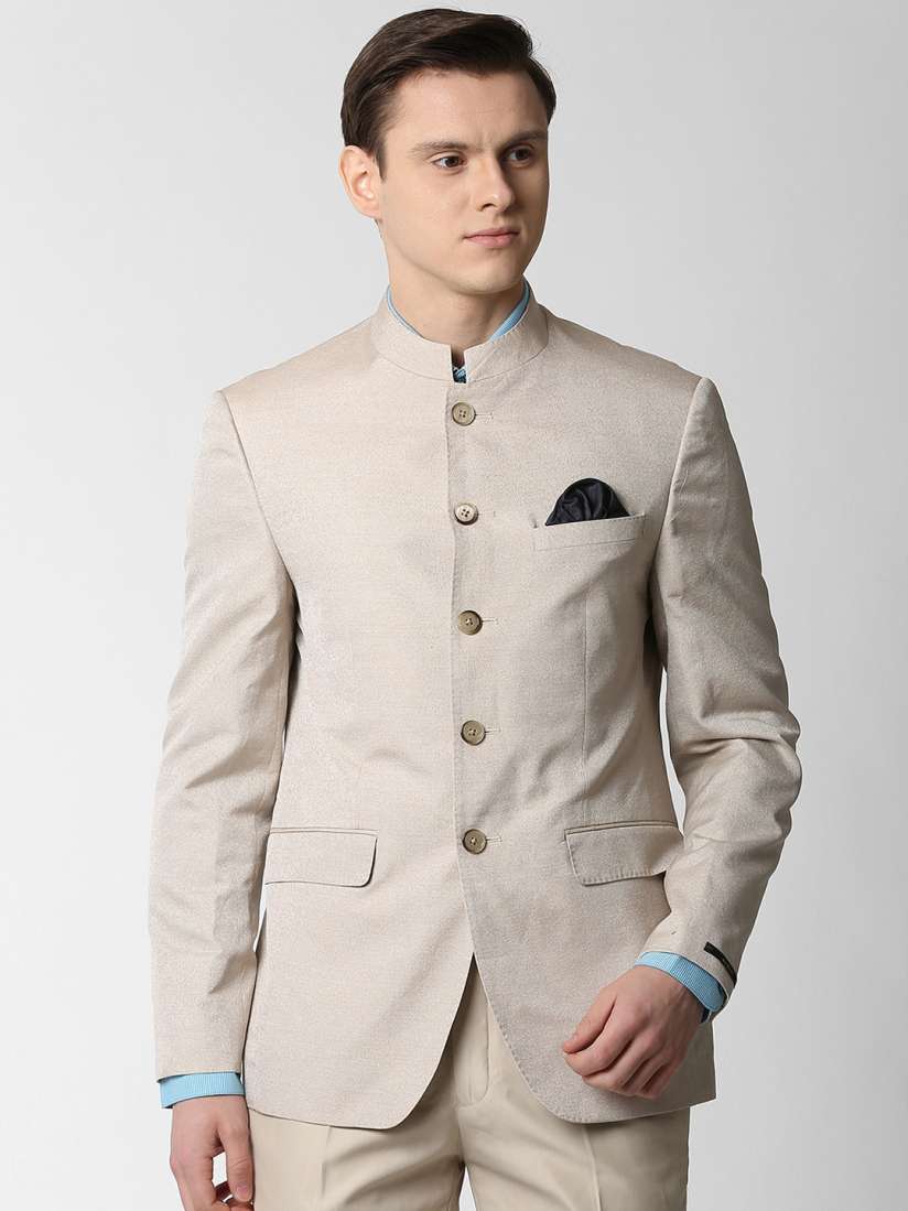 Buy Peter England Elite Men Beige Self Design Slim Fit Bandhgala Blazer Blazers for Men 9230683 Myntra