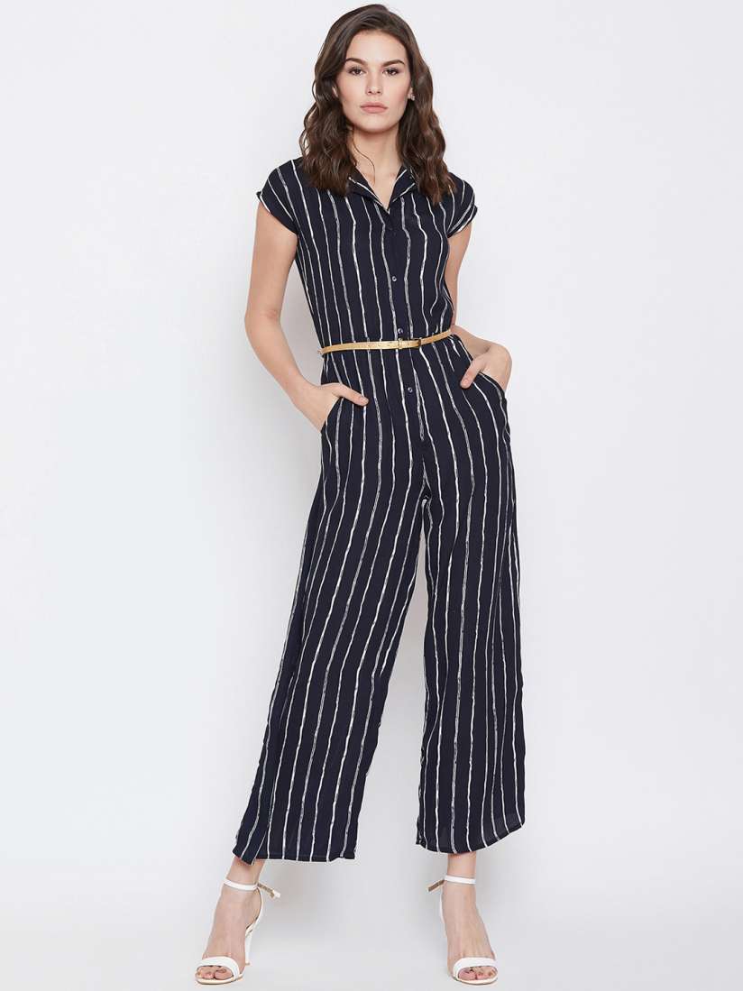 Navy blue white striped jumpsuit on sale