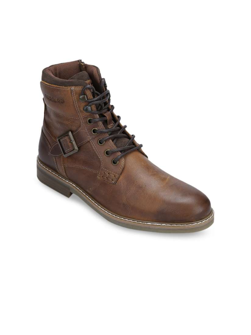 Buy Red Tape Men Brown Solid Leather Mid Top Flat Boots Boots for Men 9796249 Myntra